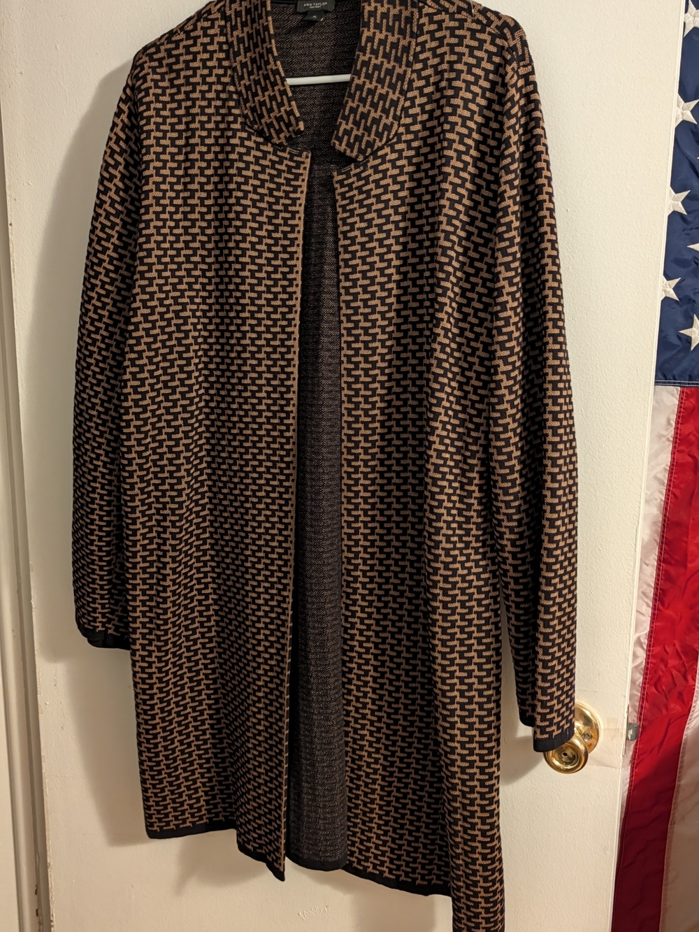 Ann Taylor Brown and Black Patterned Open-Front Cardigan